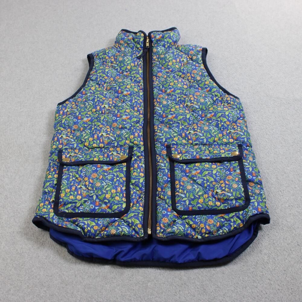 J Crew Liberty Down Vest Women XS Blue Floral Bird Quilted Full Zip Pockets Boho